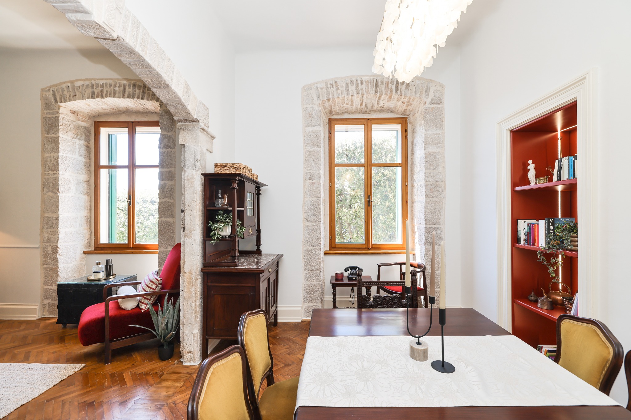 Bright dining room with historic stone details