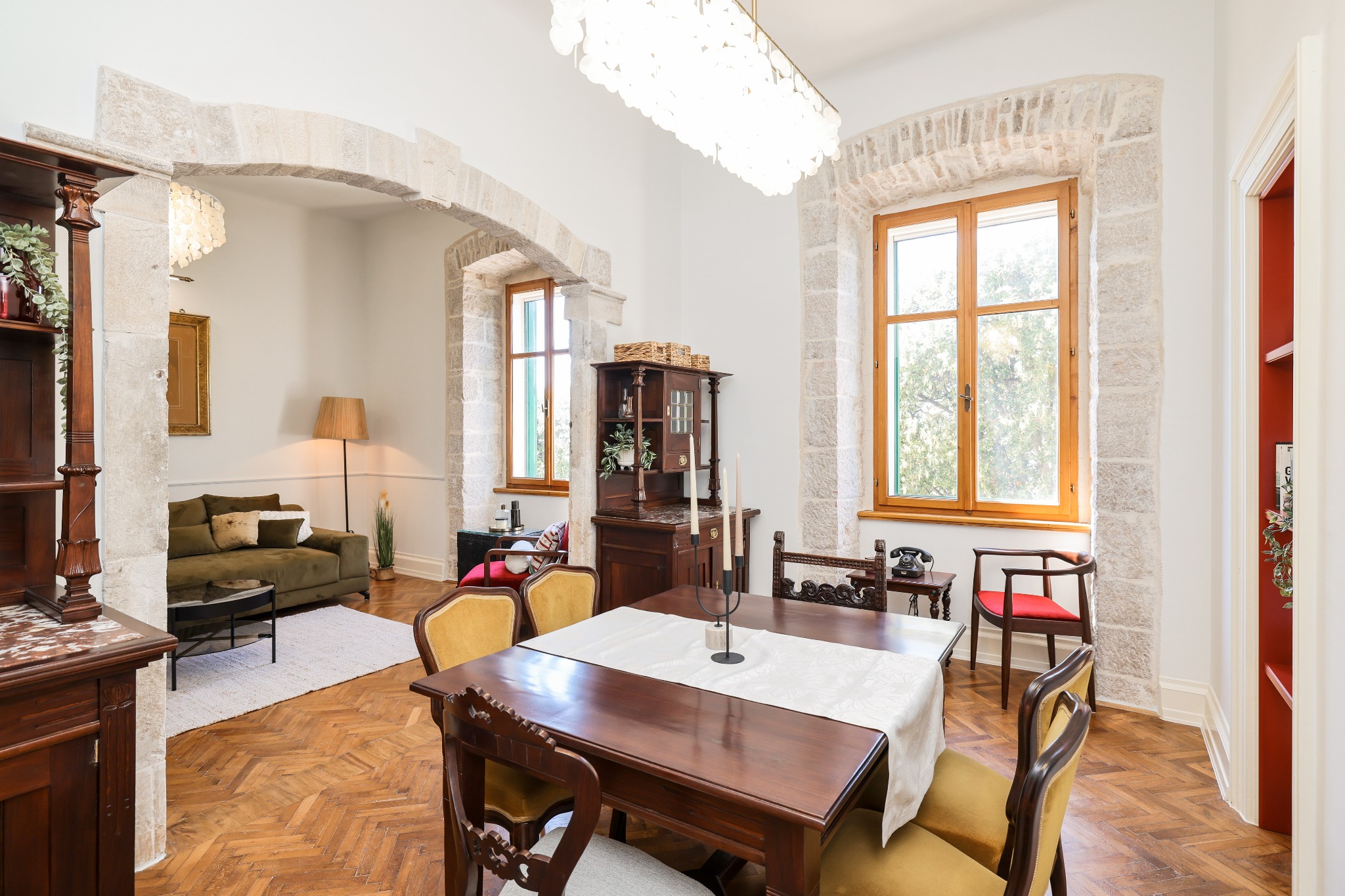 Dining room with original stone arches
