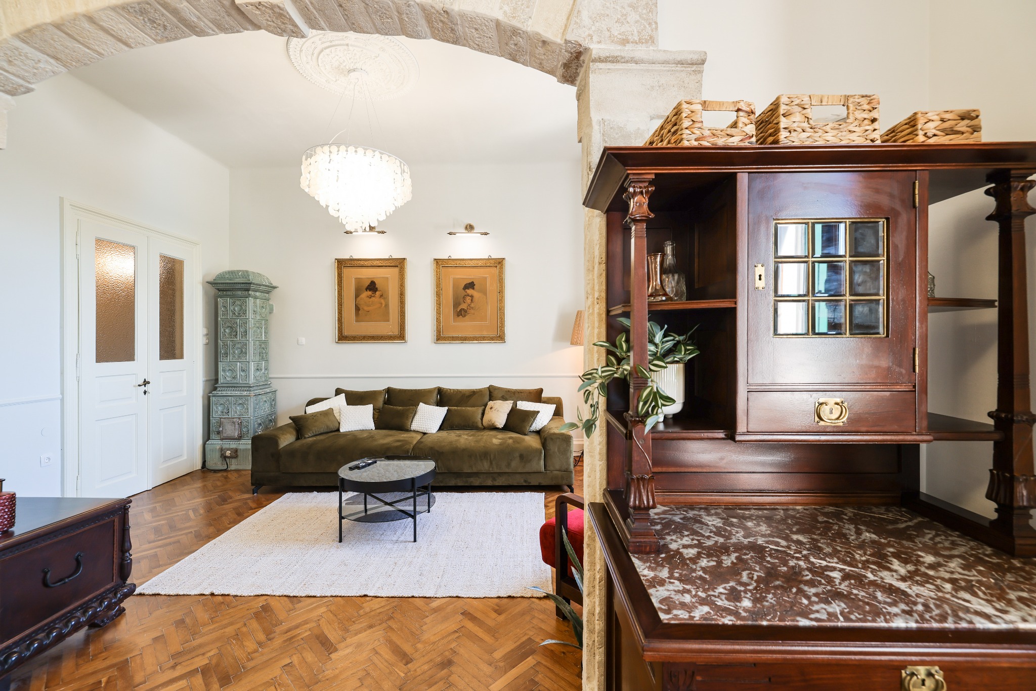 Living room with antique wood cabinet